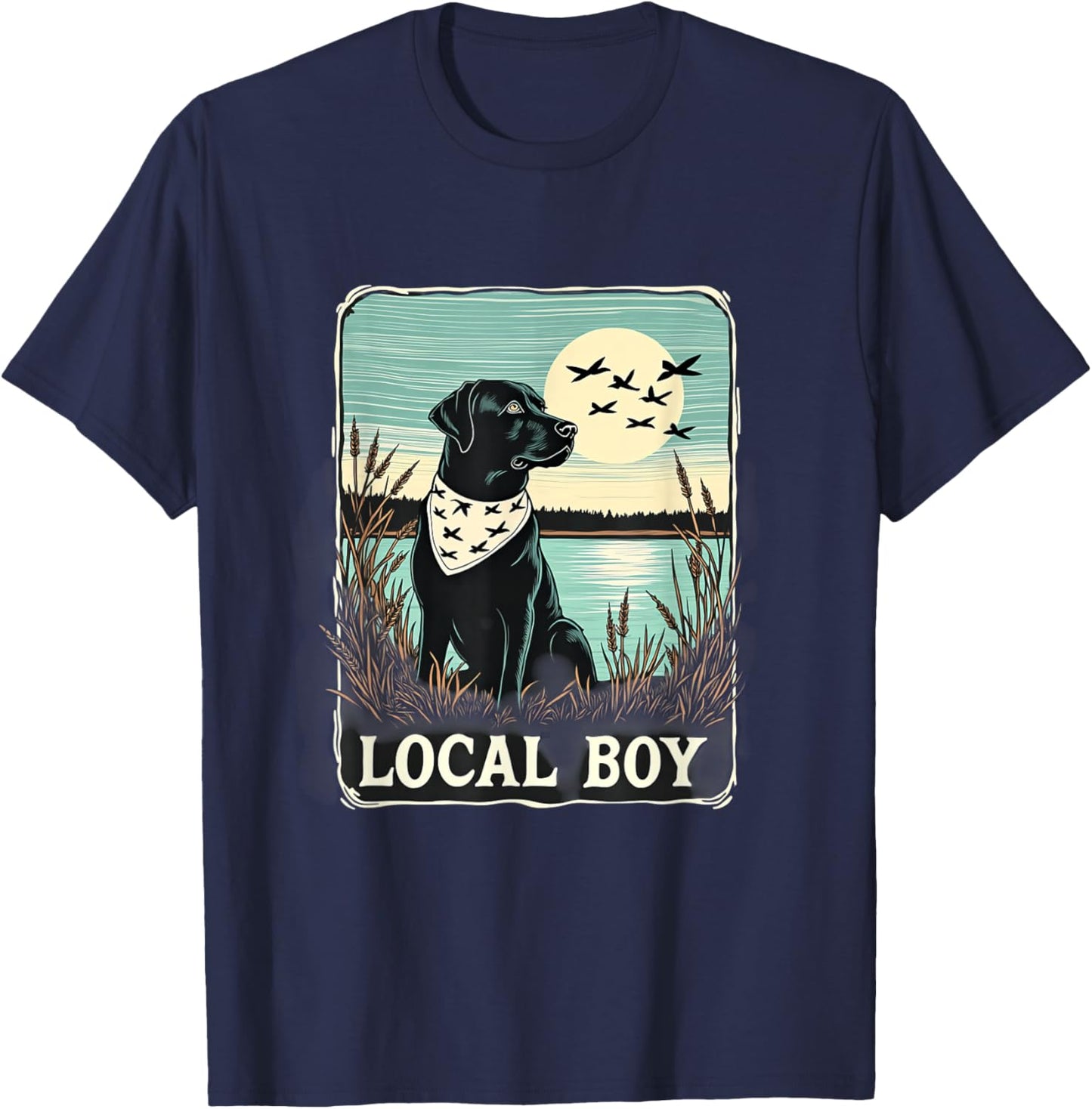 Local Boy Dog Nature Lake Ducks Scene T-Shirt - T-Shirt | Navy