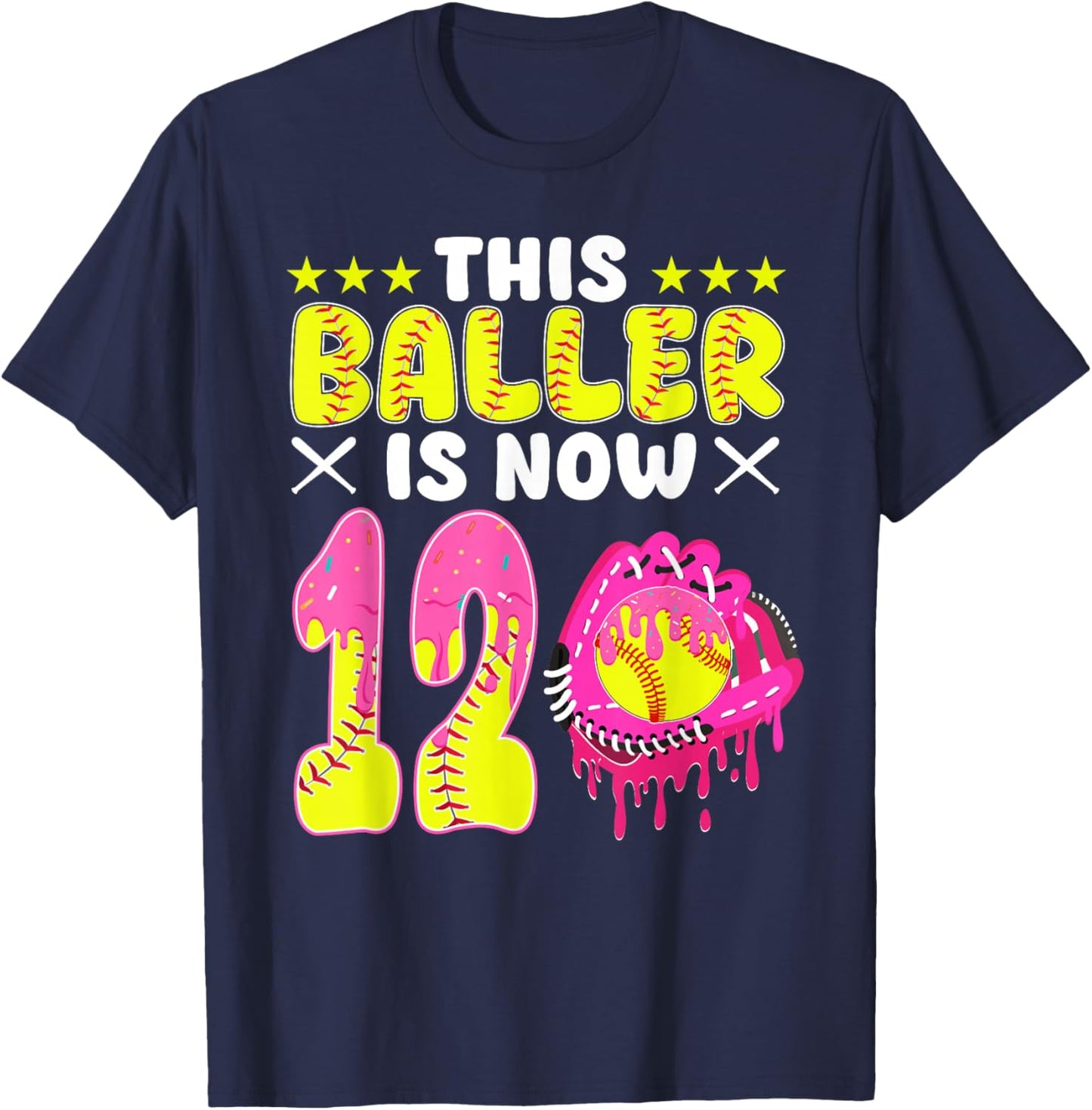 This Baller is Now 12 Year Old Bday Softball Ice Cream Drip T-Shirt - T-Shirt | Navy