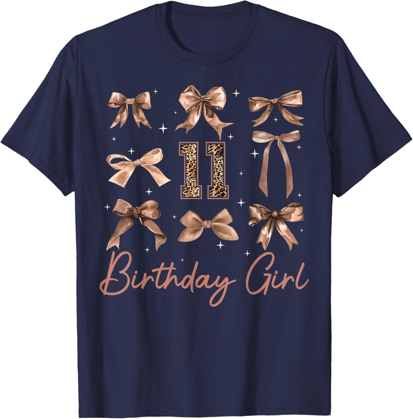 11th Birthday Girl Coquette Bow Leopard 11 Year Old Girls T-Shirt - T-Shirt | Navy