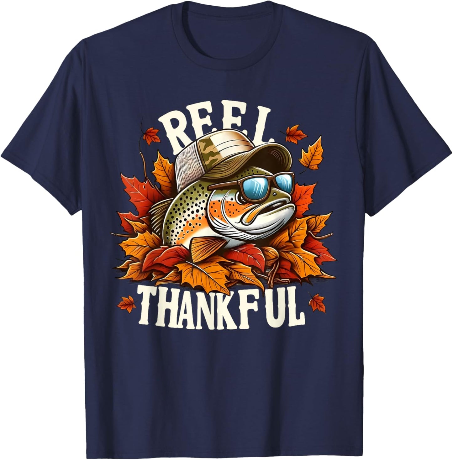 Reel Thankful Thanksgiving Bass Fishing Football Turkey T-Shirt - T-Shirt | Navy