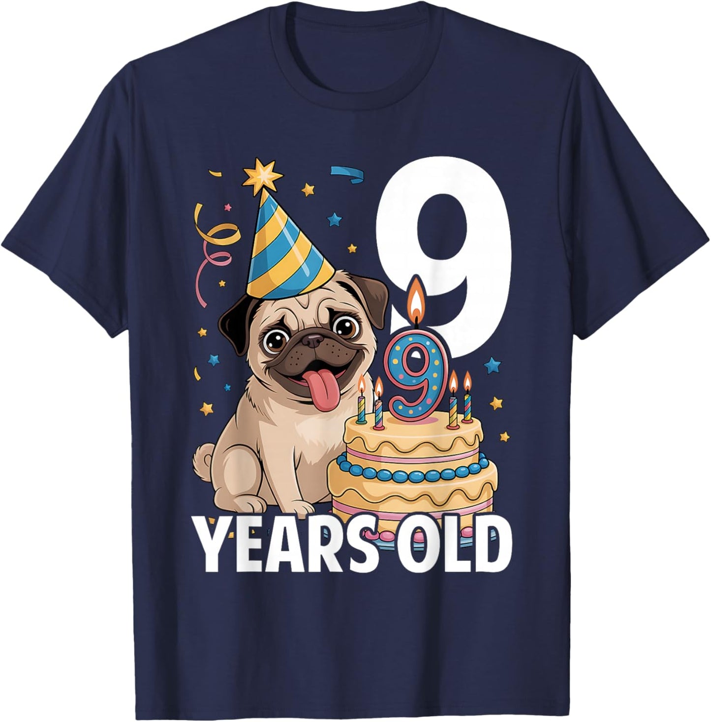 9 Years Old Birthday Pug Dog Lover Party Kids Boys Girls T-Shirt - T-Shirt | Navy