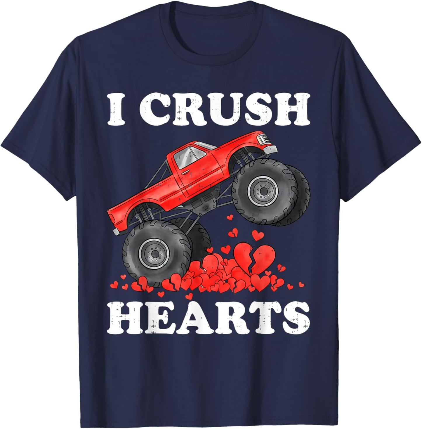 Monster Truck Teens Kids Boys I Crush Heart Valentines Day T-Shirt - T-Shirt | Navy