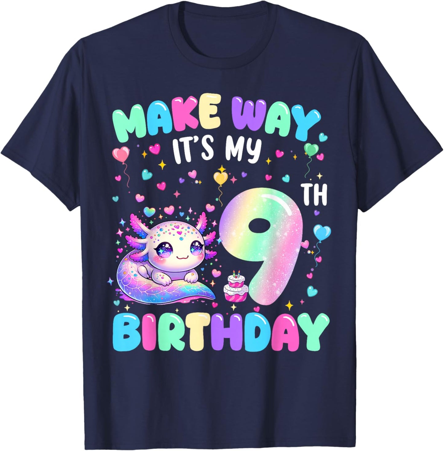 It's My 9th Birthday Girl Cute Axolotl 9 Year Old Bday Kids T-Shirt - T-Shirt | Navy