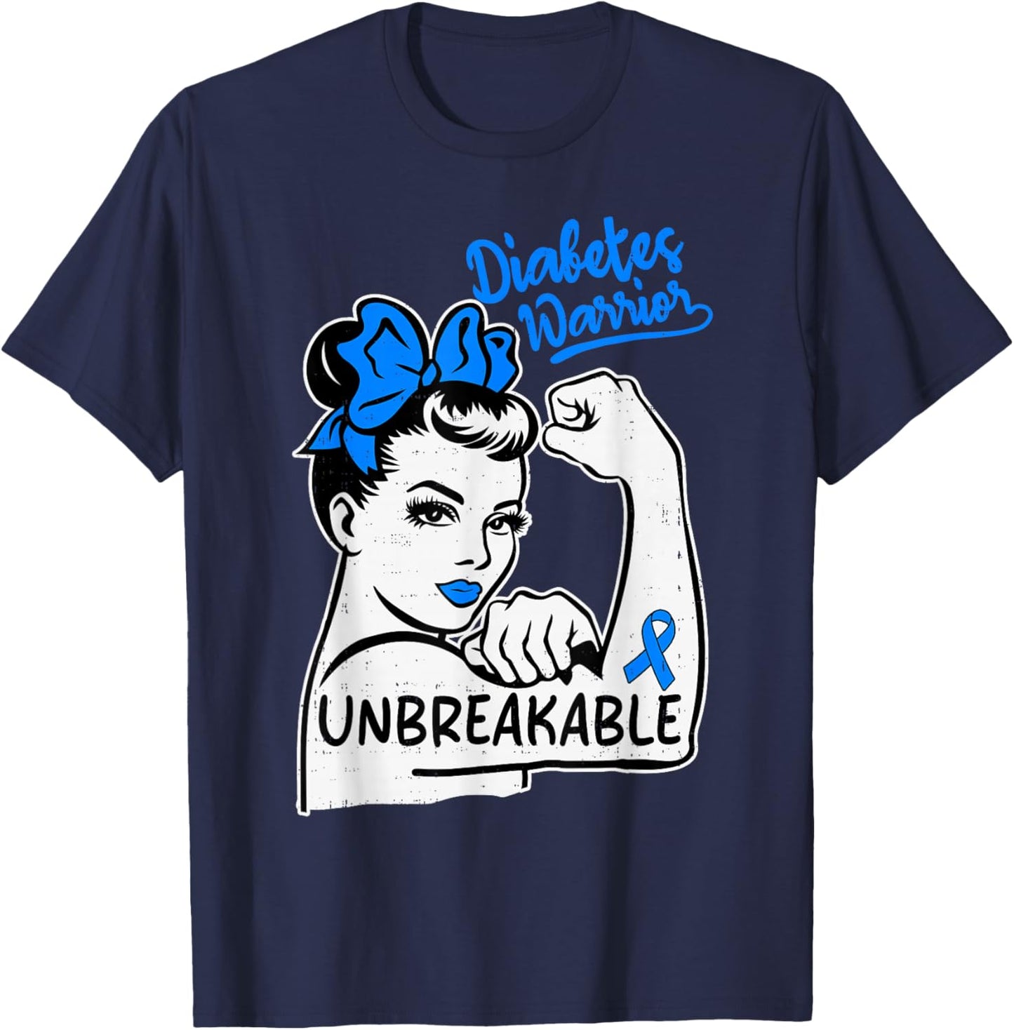 Type 1 Warrior Diabetes Awareness T1D Ribbon Blue T-Shirt - T-Shirt | Navy