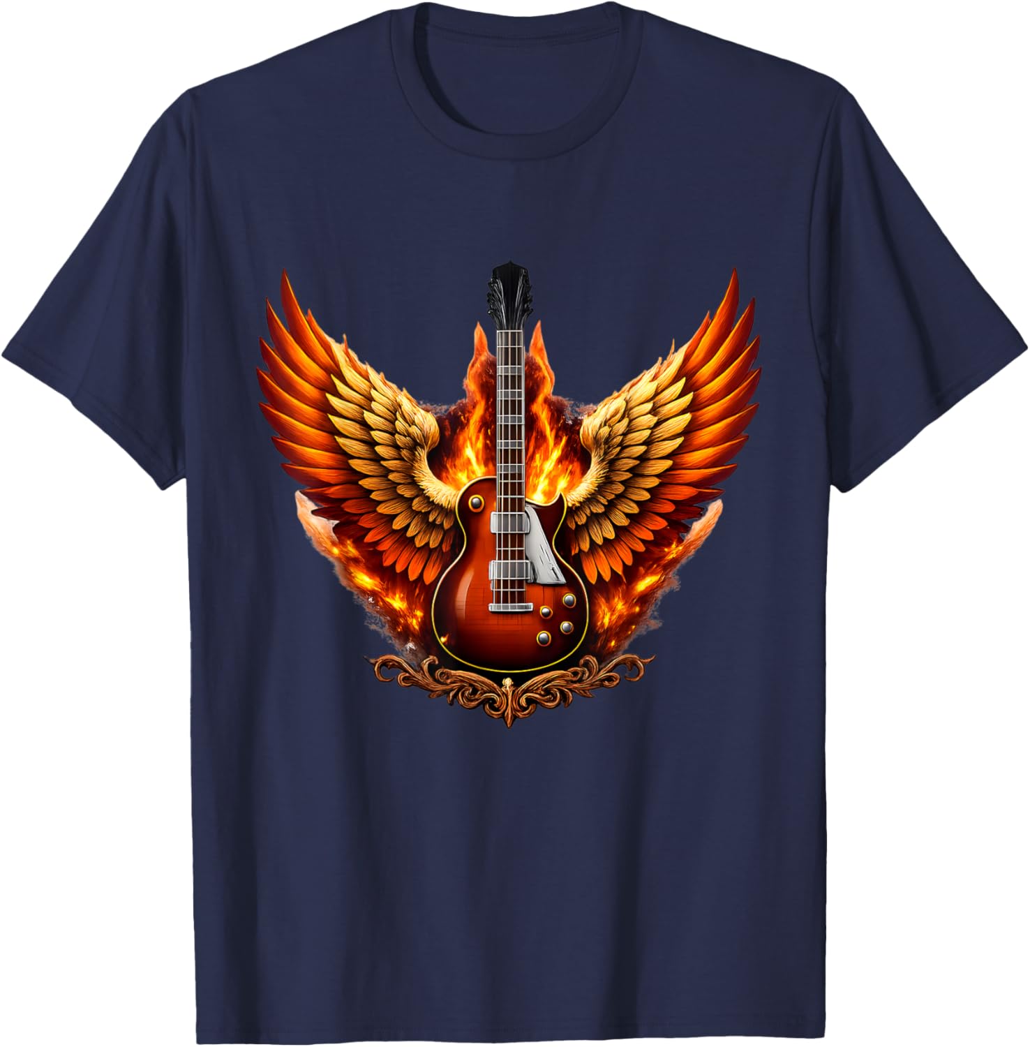Flaming Angel and Guitar Fiery Rock Wings T-Shirt - T-Shirt | Navy