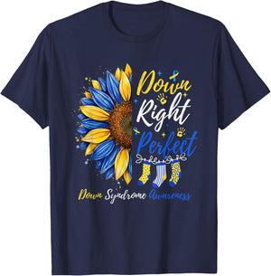 Down Right Perfect Down Syndrome Awareness Ribbon Sunflower T-Shirt - T-Shirt | Navy