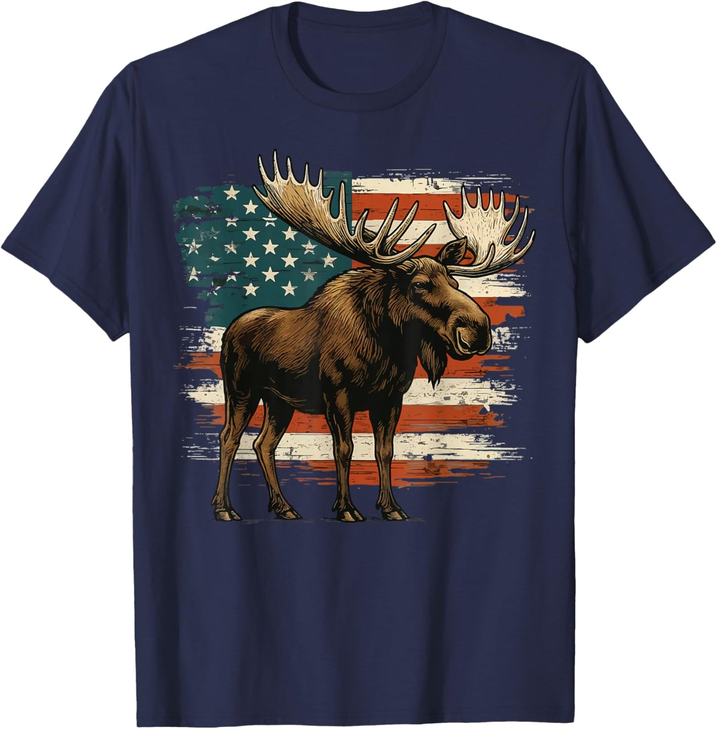 Moose USA Flag Alaska Wildlife T-Shirt - T-Shirt | Navy