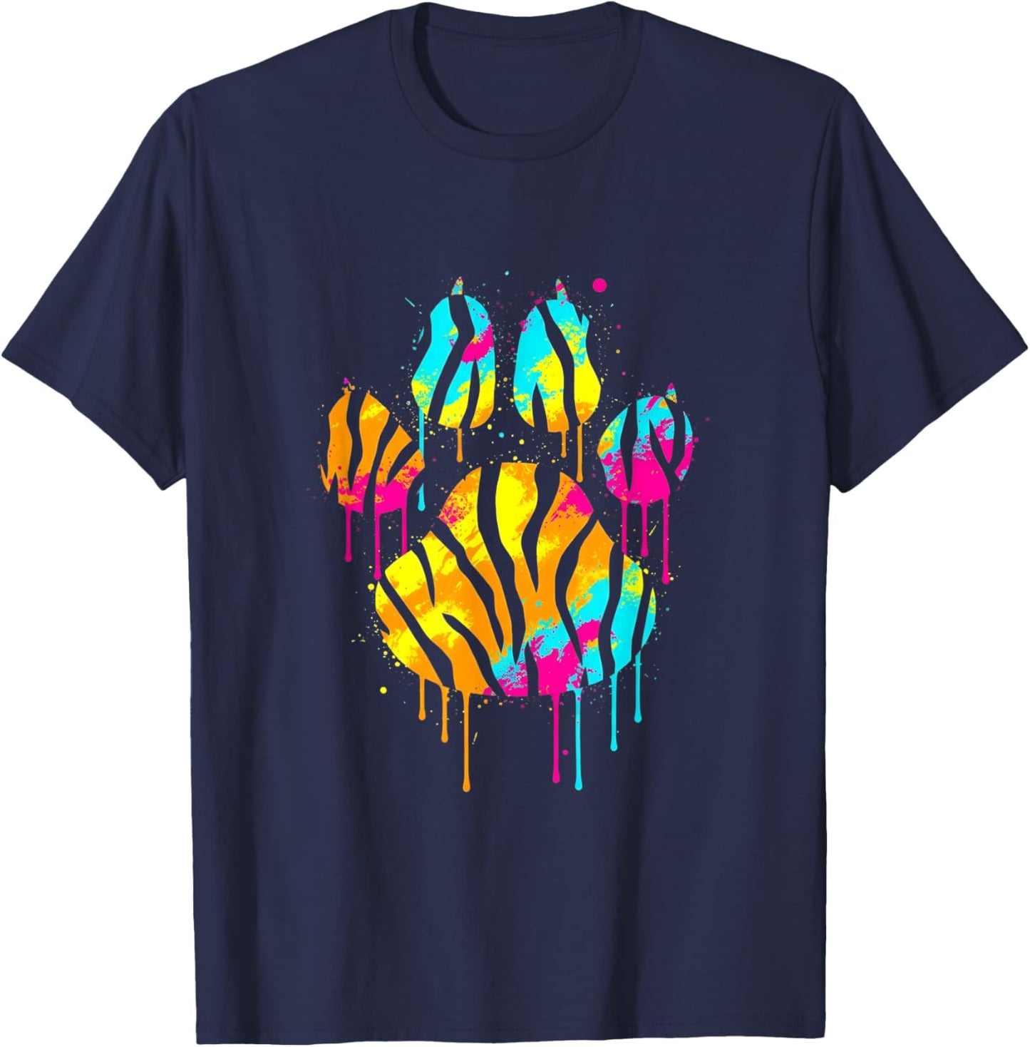 Colorful Tiger Paw Print Neon Art Rainbow Animal Lover Gift T-Shirt - T-Shirt | Navy