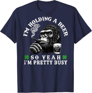 I’m Holding A Beer So Yeah I’m Pretty Busy Monkey (On Back) T-Shirt - T-Shirt | Navy