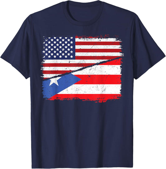 Half American Half Puerto Rican USA Flag Puerto Rico Flag T-Shirt - T-Shirt | Navy