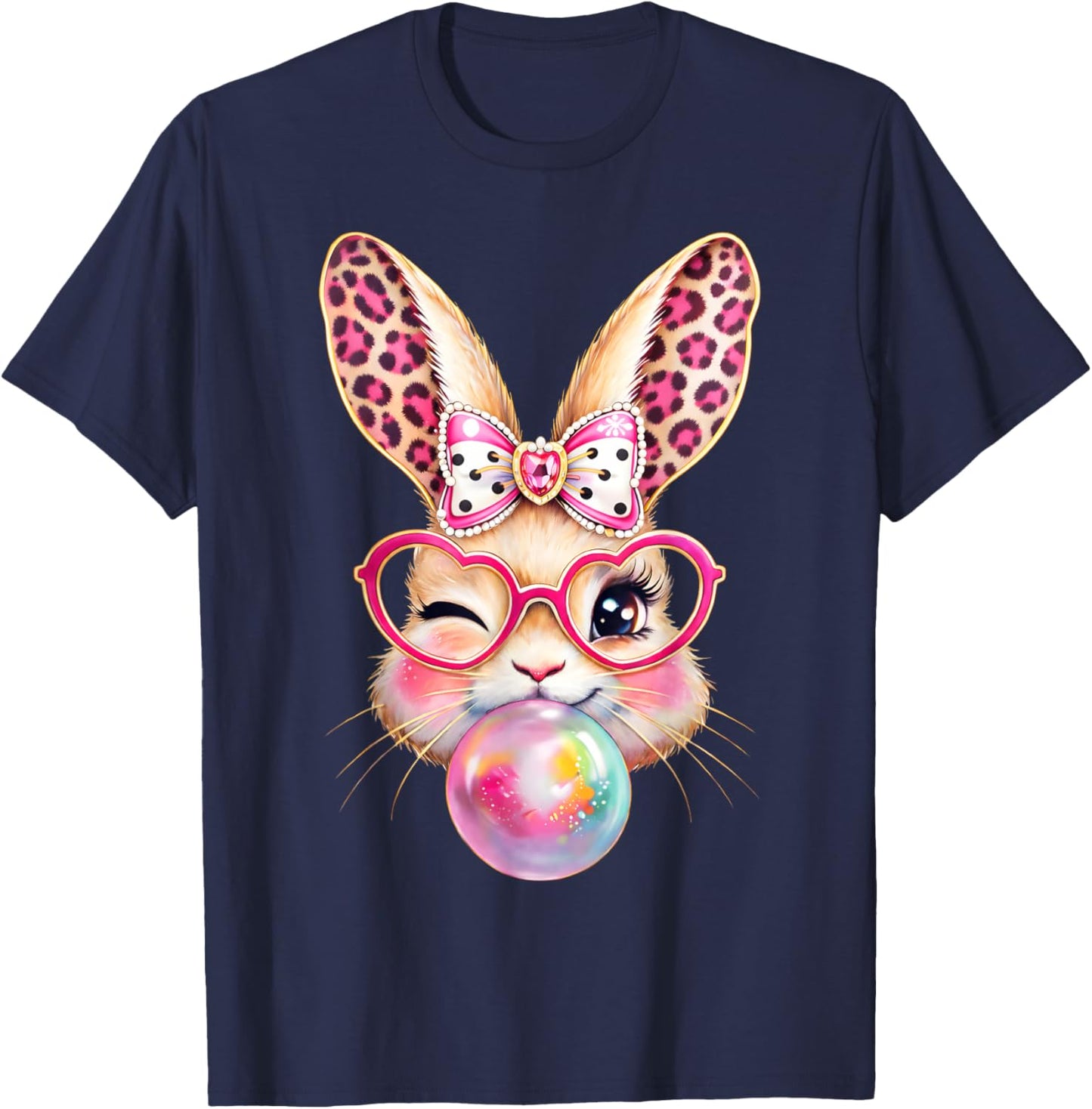Easter Day Bunny Rabbit Face Leopard Bubble Gum Girl Women T-Shirt - T-Shirt | Navy