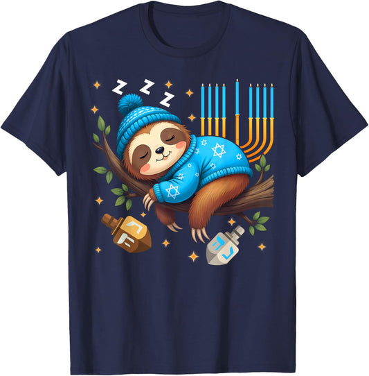 Sleeping Sloth Menorah Happy Hanukkah Chanukah Pajamas Kids T-Shirt - T-Shirt | Navy