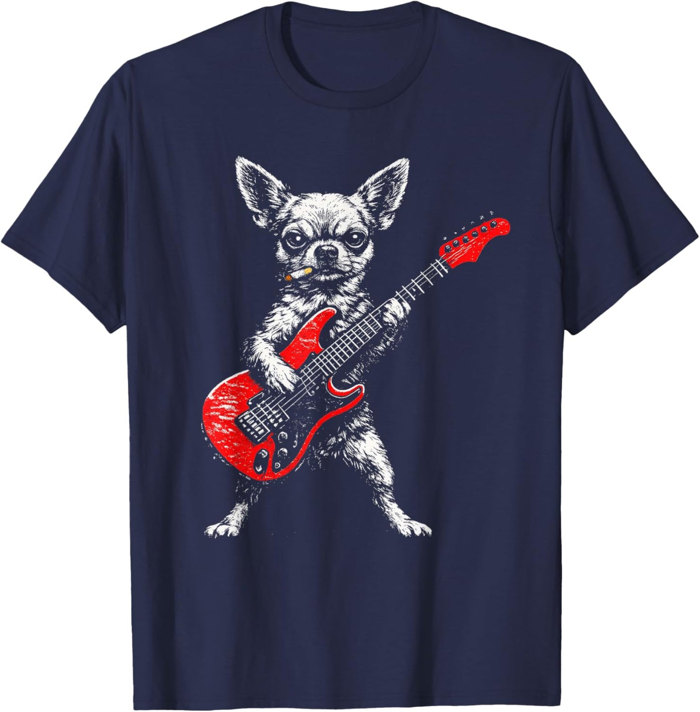 Smoking Dog Funny Chihuahua Meme Playing Guitar Rock T-Shirt - T-Shirt | Navy