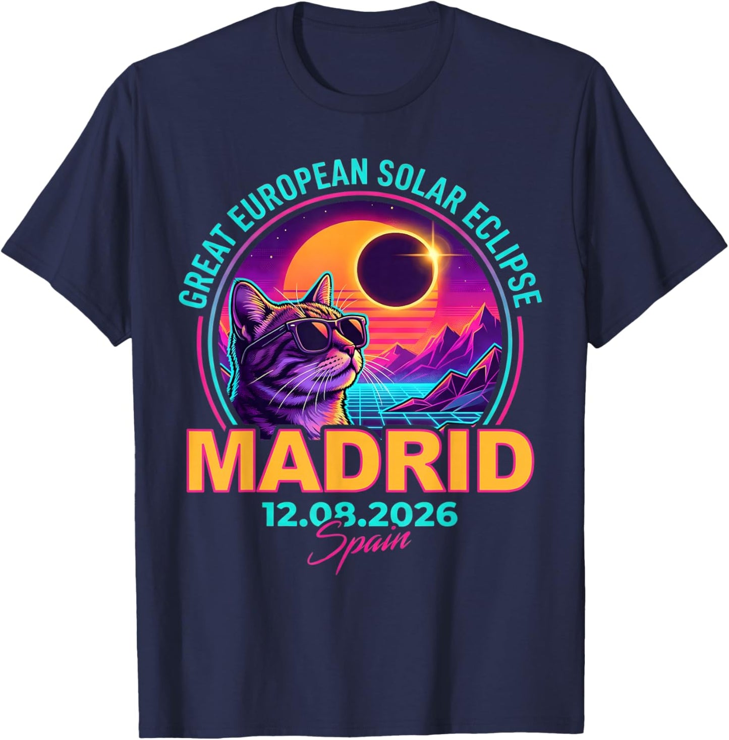Great European Solar Eclipse 2026 Madrid Spain Cat Retro T-Shirt - T-Shirt | Navy