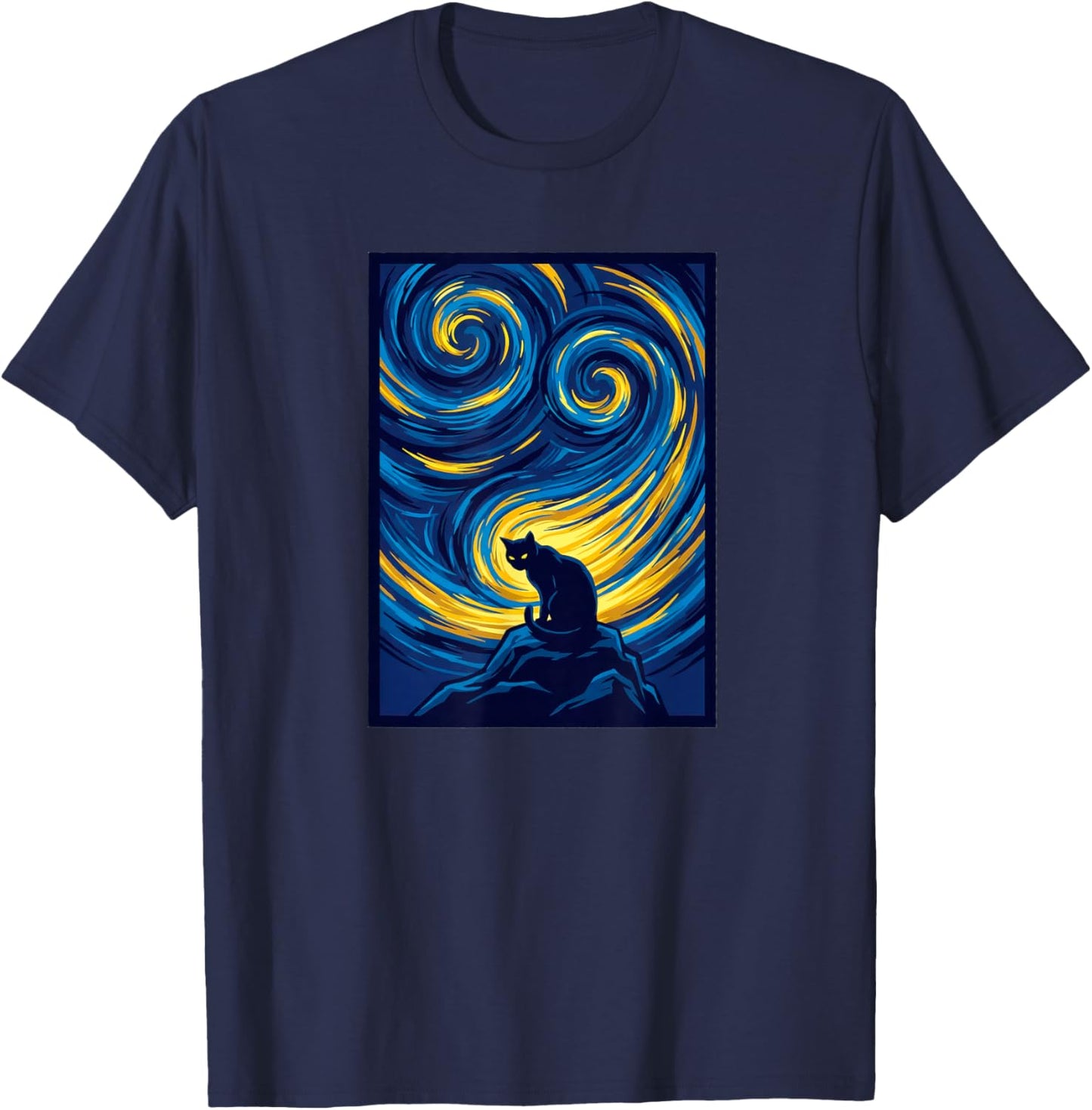 Starry Night Cat on Swirling Sky Art T-Shirt - T-Shirt | Navy