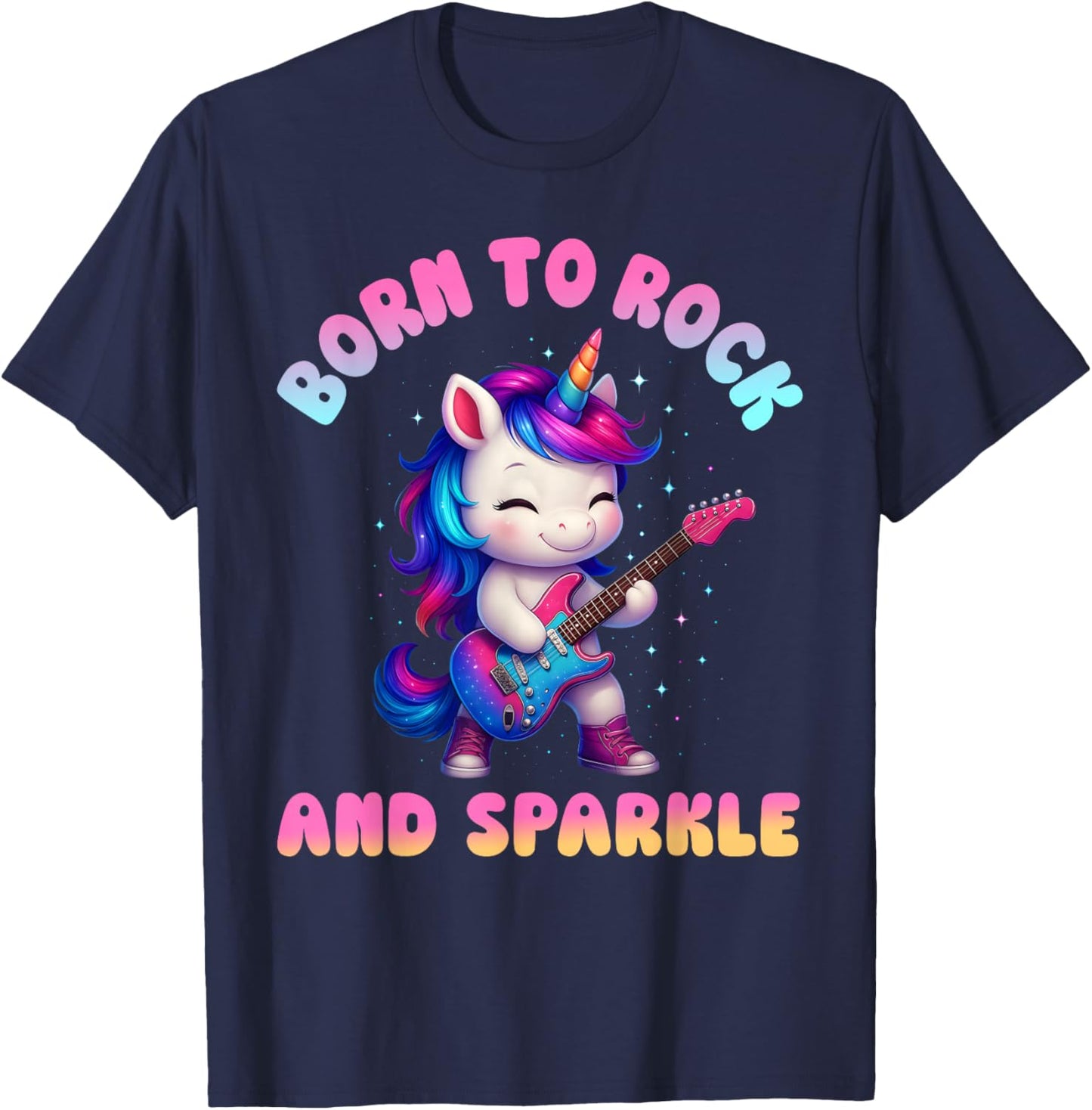 Born to Rock and Sparkle Cute Unicorn Guitar Kids Girls Cute T-Shirt - T-Shirt | Navy