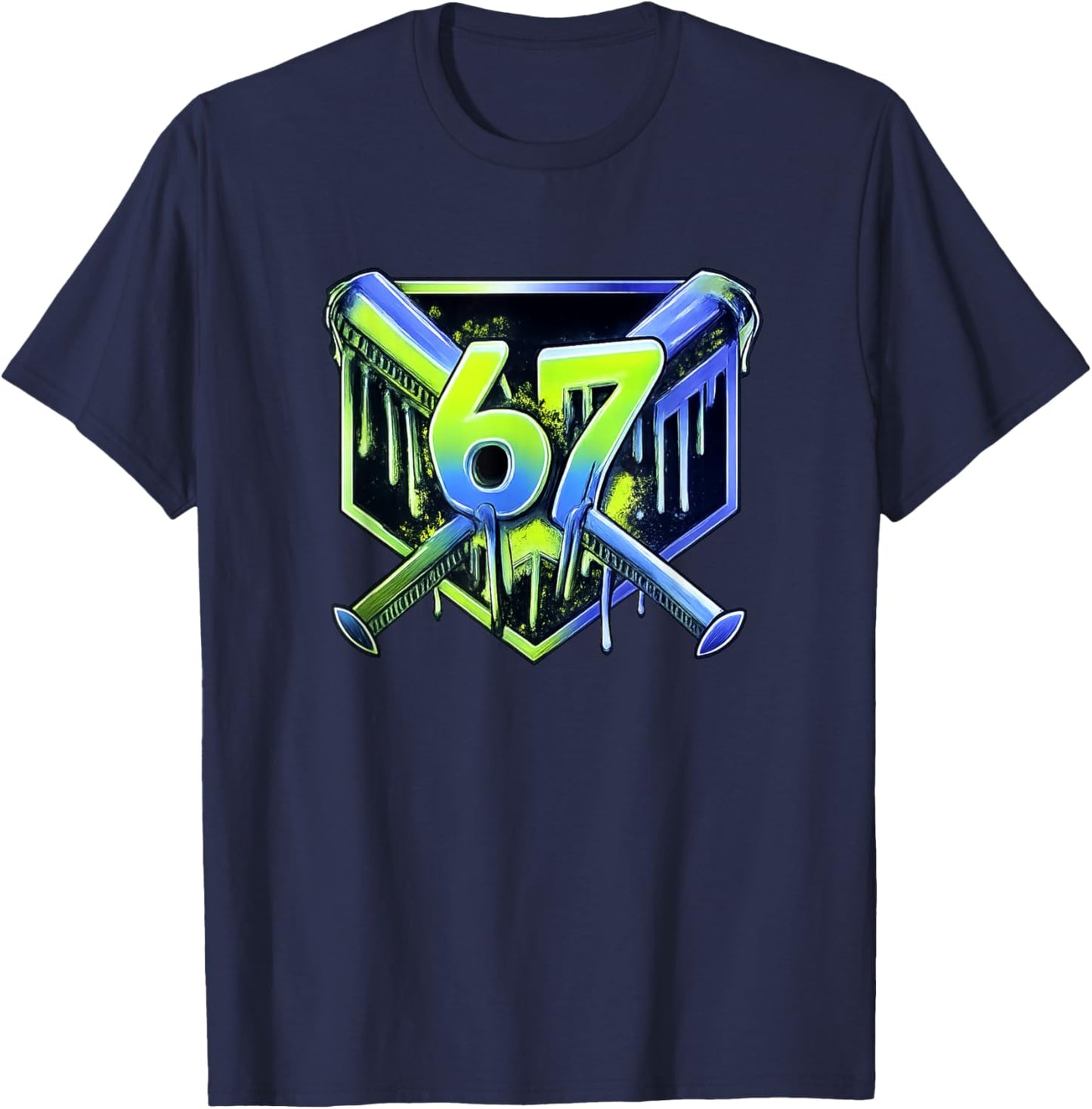 Awesome 67 Baseball Drip Effect, Baseball 6-7 Meme Graphic T-Shirt - T-Shirt | Navy