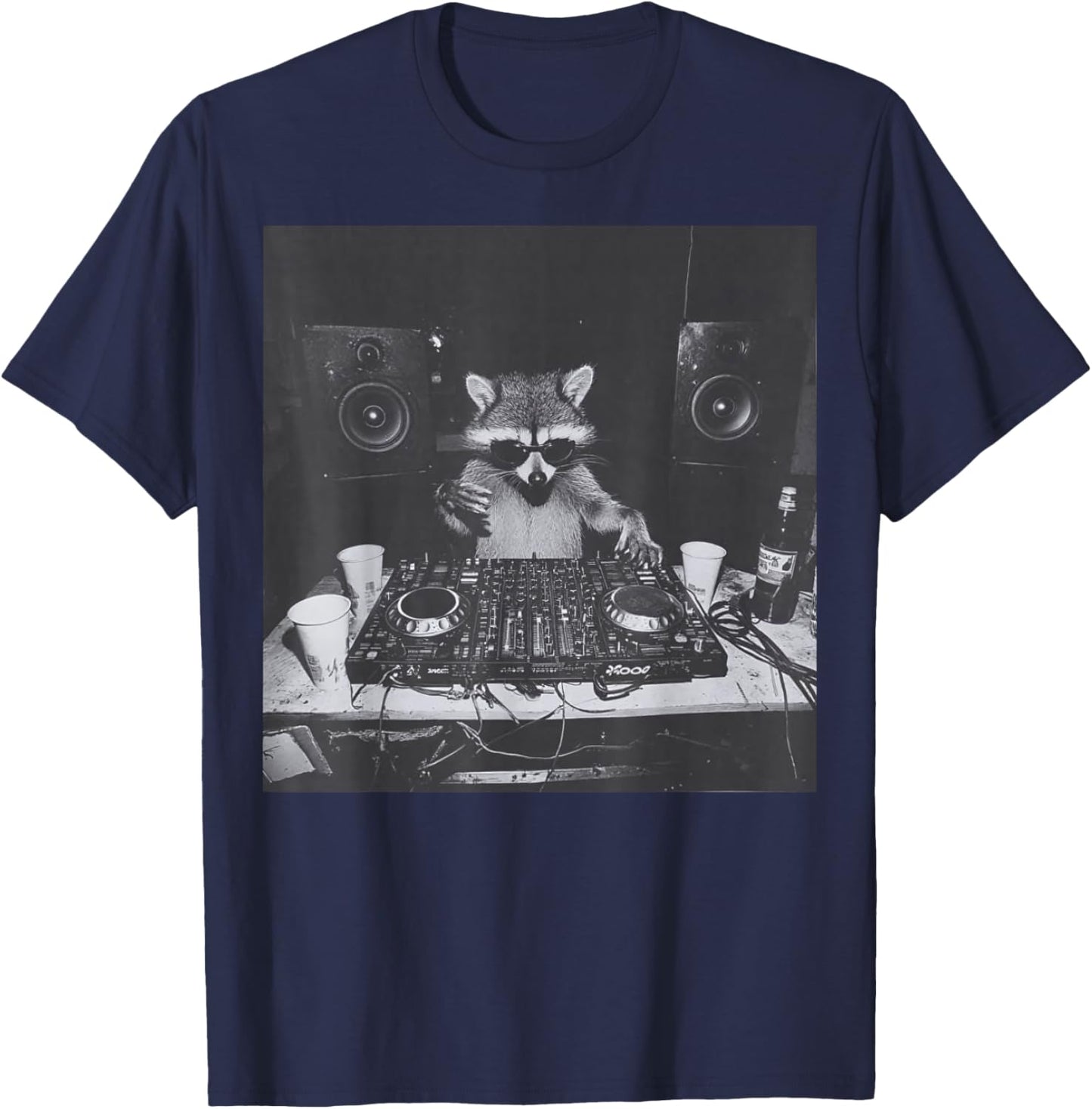 Funny DJ Raccoon House Party Sound Tech Music Trashed Panda T-Shirt - T-Shirt | Navy
