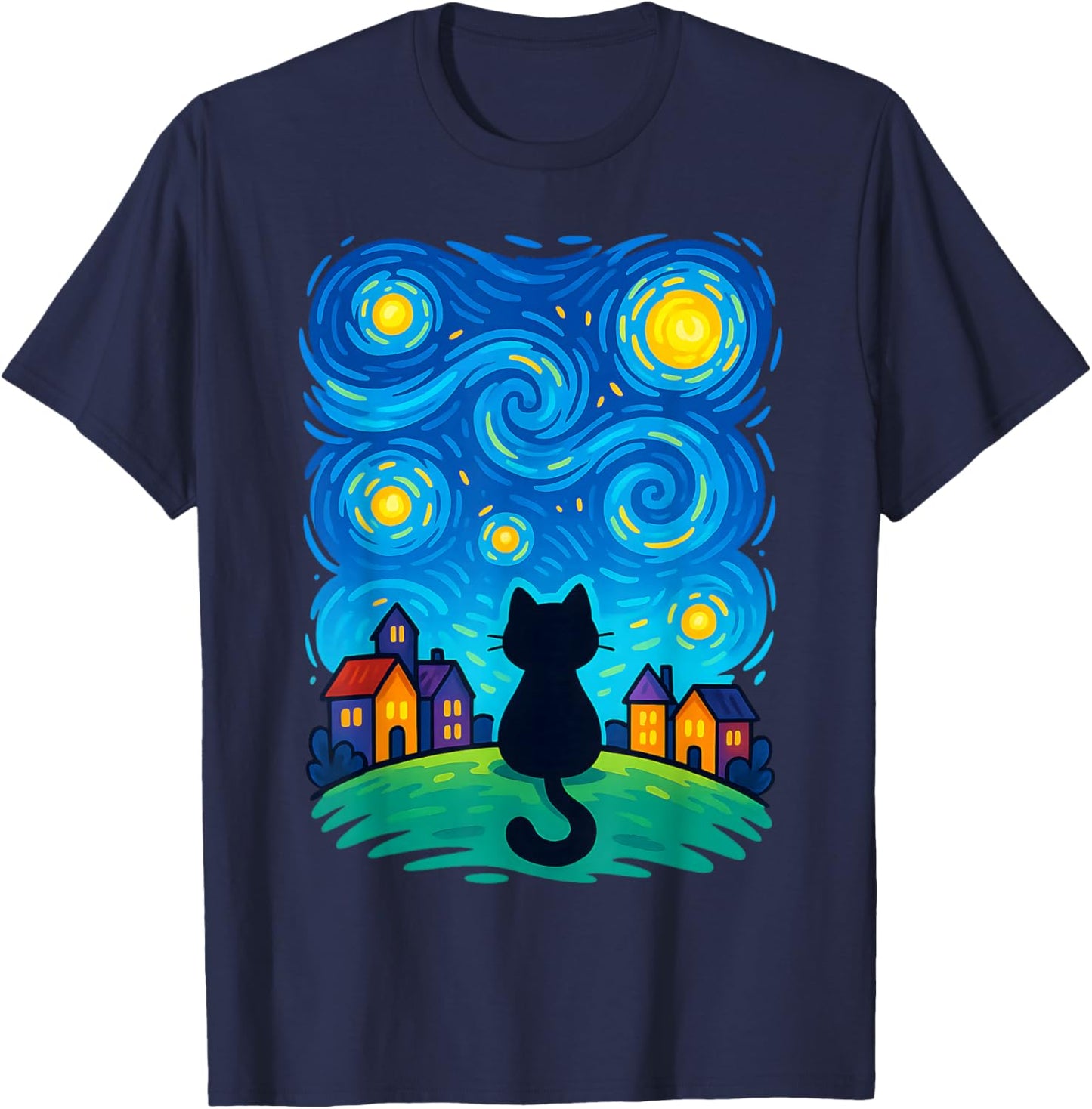 Cat Looking at Starry Night Sky Colorful Moon Houses Stars T-Shirt - T-Shirt | Navy
