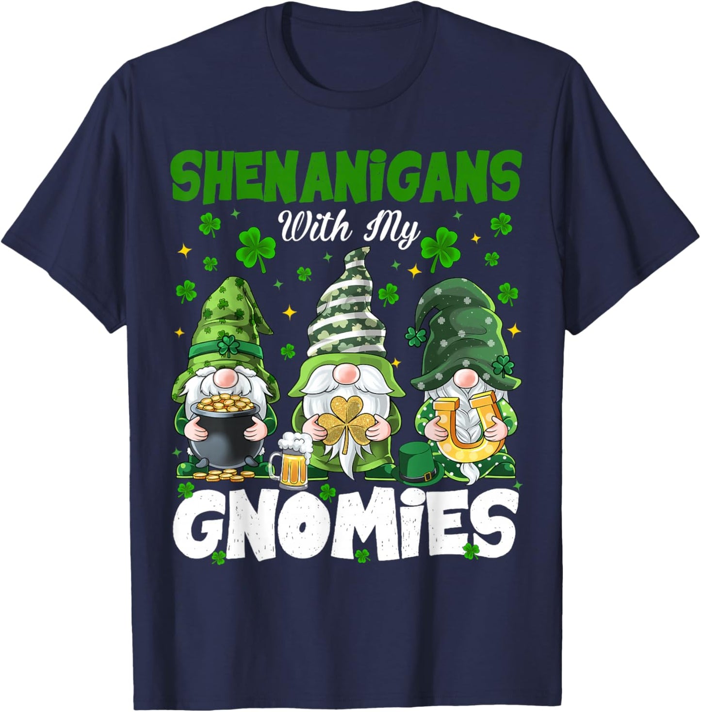 St Patricks Day Lucky Shamrock Leopard Gnomes Irish T-Shirt - T-Shirt | Navy
