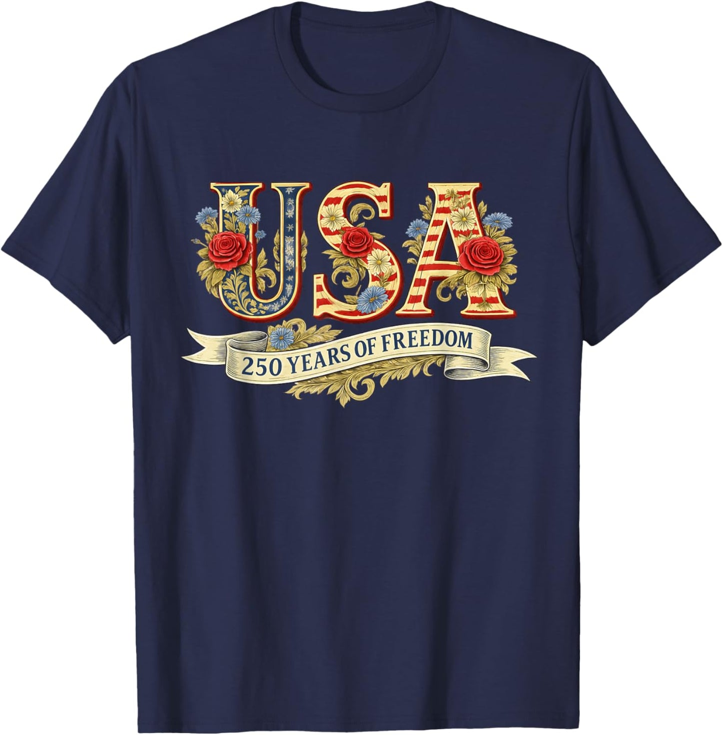 USA Floral Letters 250 Years of Freedom Vintage T-Shirt - T-Shirt | Navy
