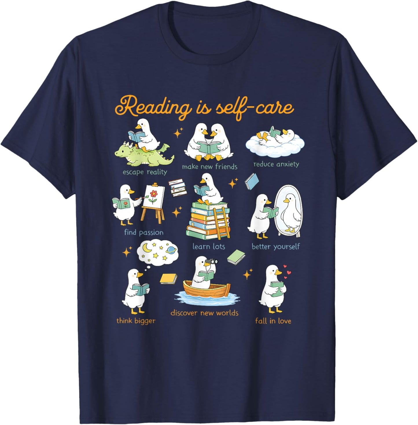 Reading is Self Care Funny Reading Day Silly Goose Bookish T-Shirt - T-Shirt | Navy