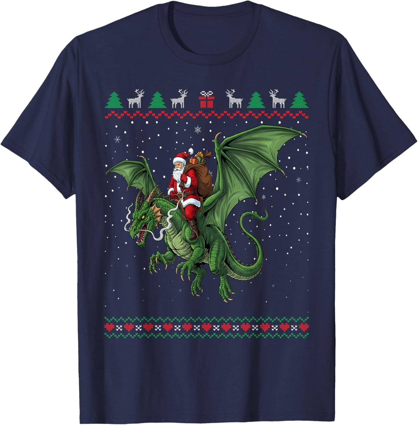 Funny Santa Claus Riding Dragon Ugly Christmas Sweater T-Shirt - T-Shirt | Navy