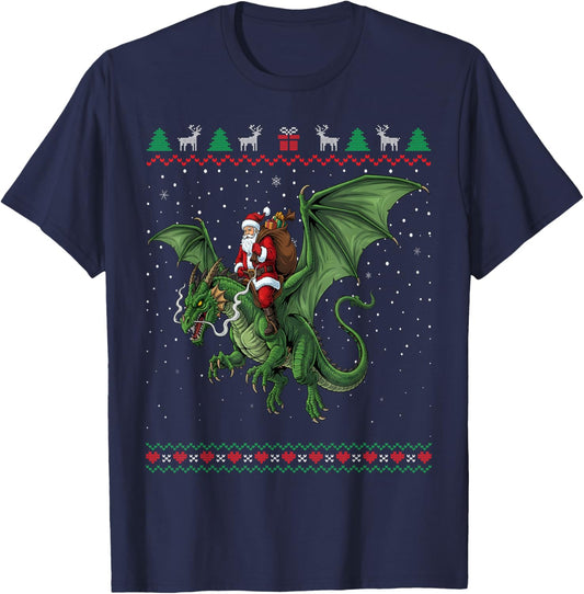 Funny Santa Claus Riding Dragon Ugly Christmas Sweater T-Shirt - T-Shirt | Navy