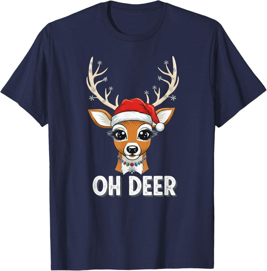Funny Oh Deer Reindeer Santa Hat Cute Christmas Pun for Holi T-Shirt - T-Shirt | Navy