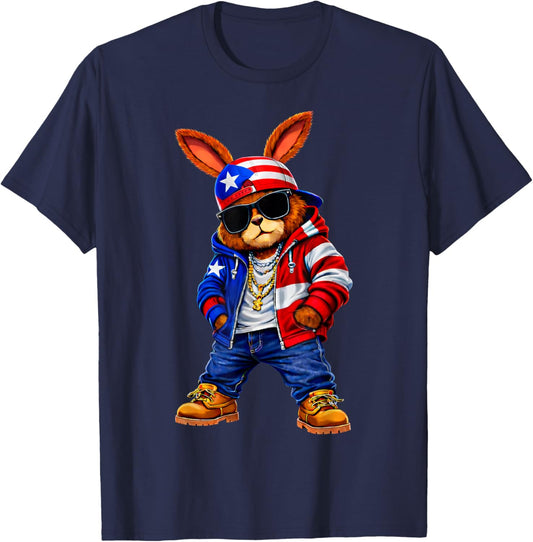 Cool Bunny Puerto Rican Flag Gift Women Kid Boy Girl T-Shirt - T-Shirt | Navy