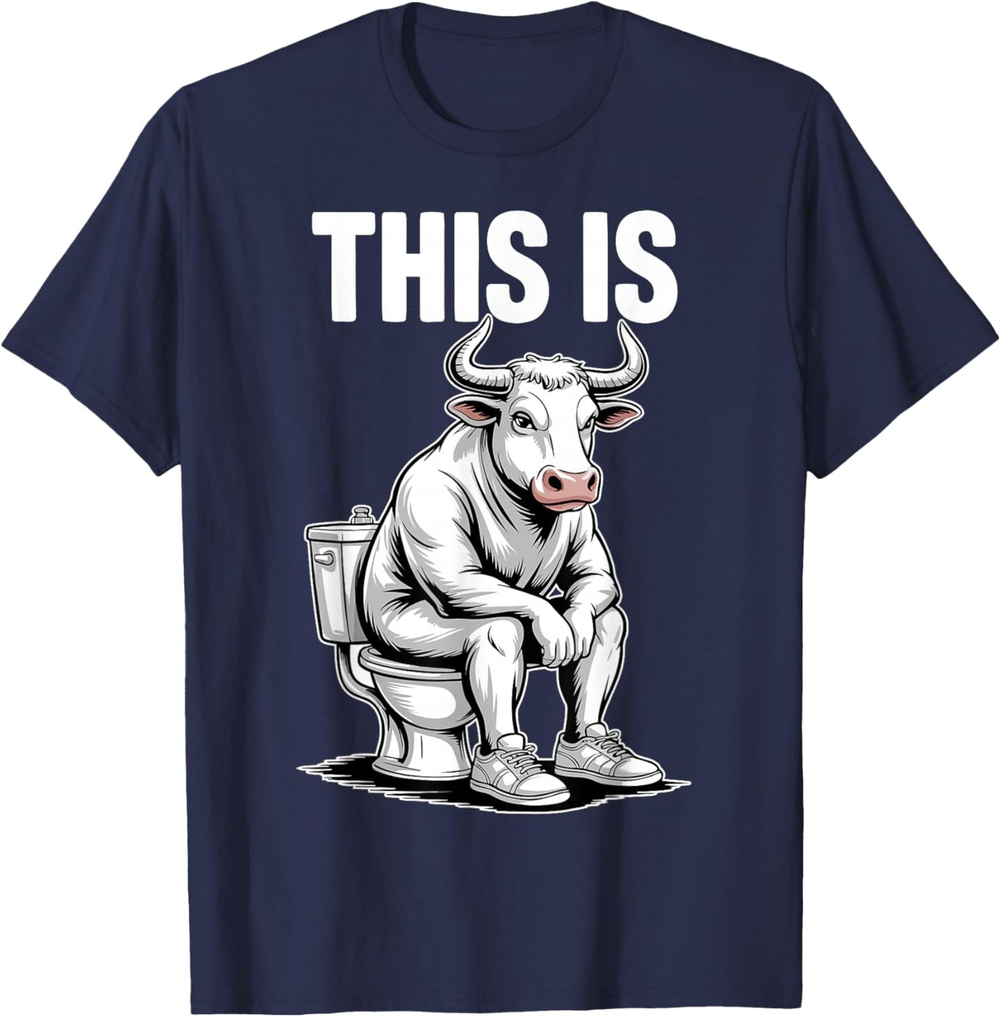 Funny Bull on Toilet Cartoon Bathroom Humor Design T-Shirt - T-Shirt | Navy