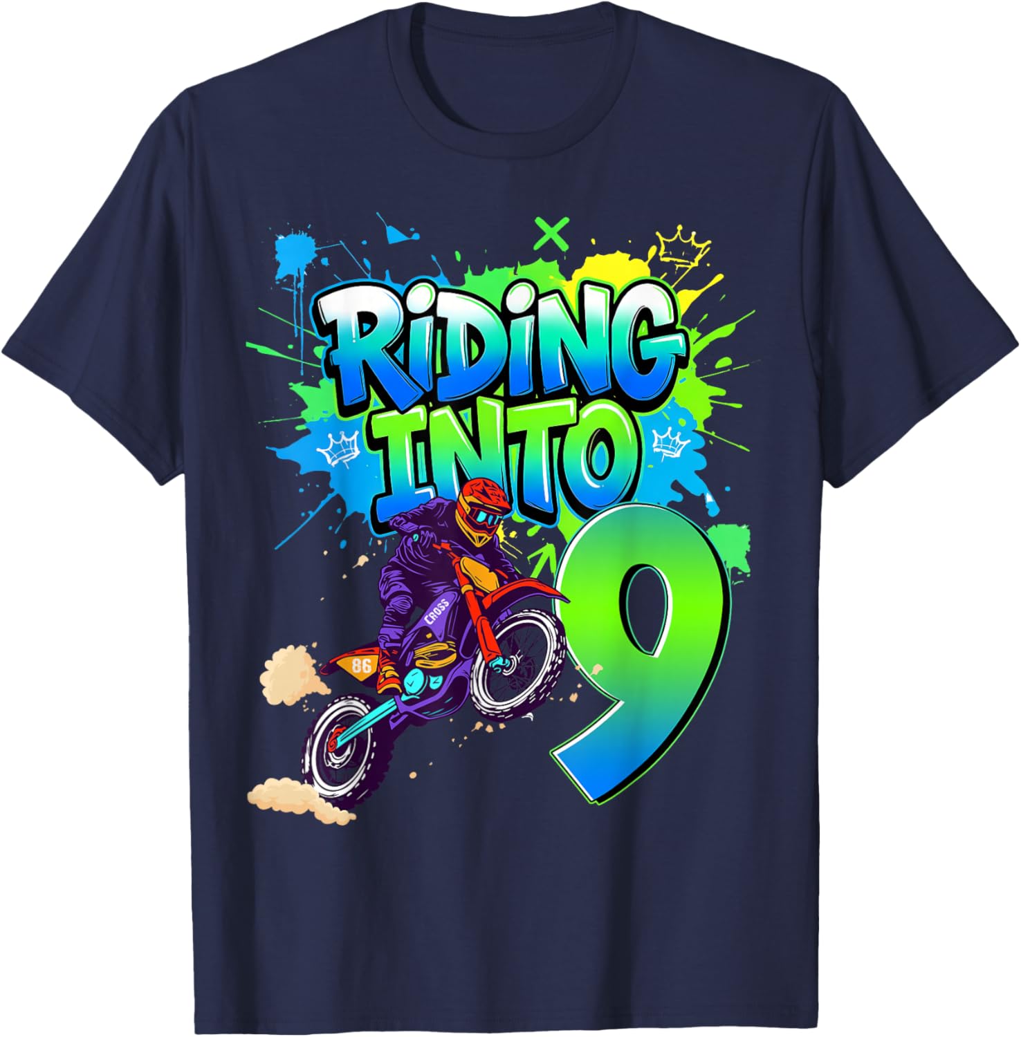 Riding Into 9 Years Old 9th Birthday Dirt Bike Boy Party T-Shirt - T-Shirt | Navy