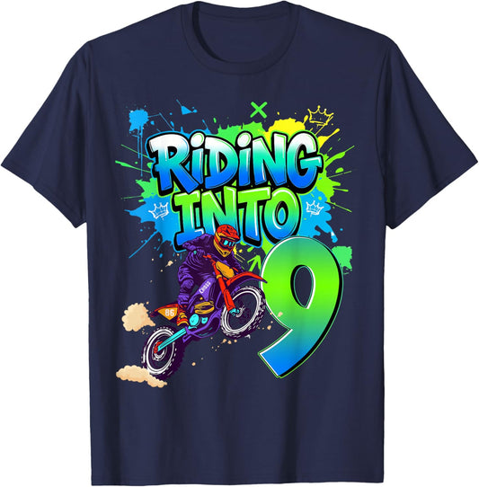 Riding Into 9 Years Old 9th Birthday Dirt Bike Boy Party T-Shirt - T-Shirt | Navy