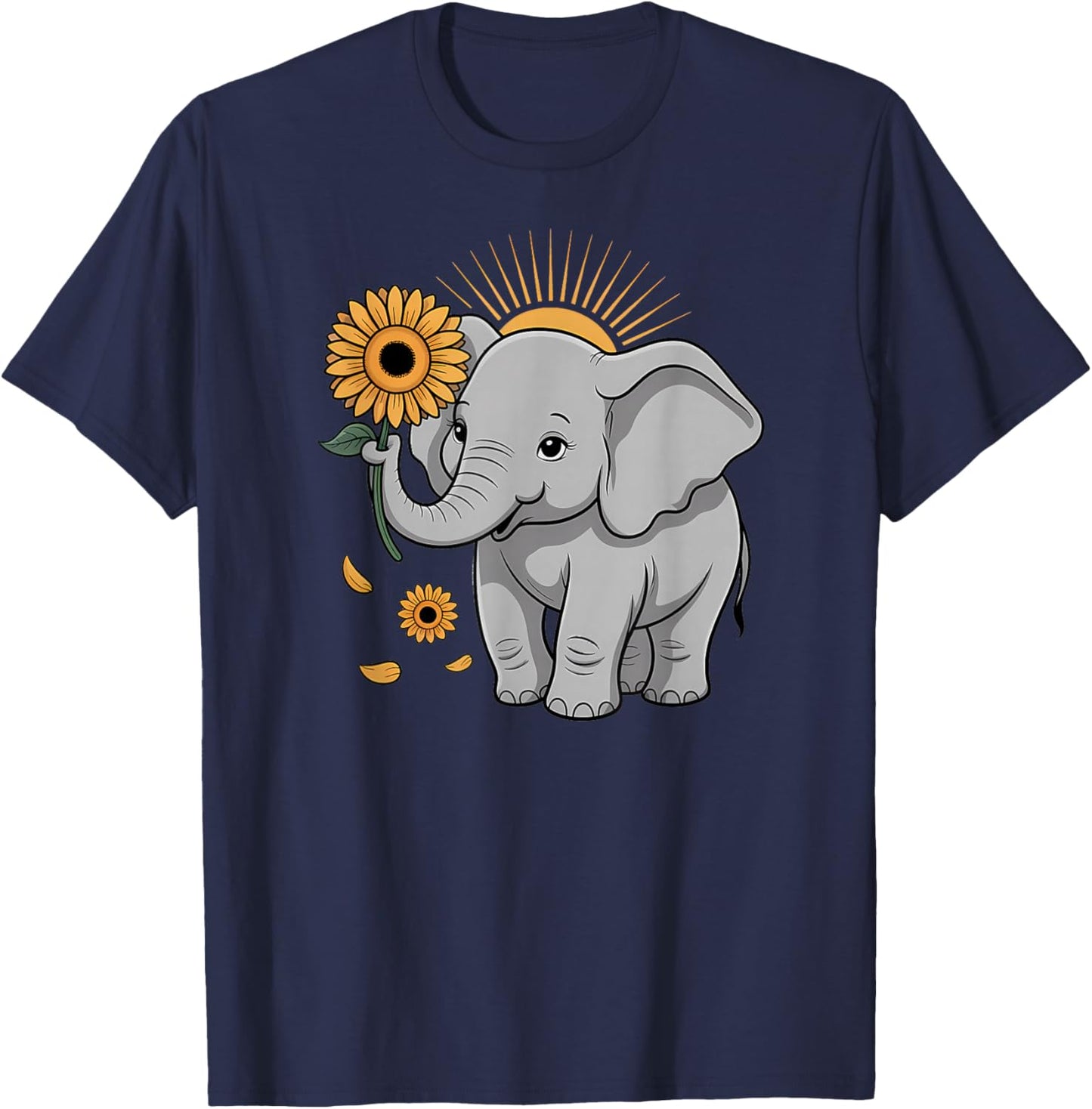 Elephant Holding Sunflower Cute Uplifting Nature T-Shirt - T-Shirt | Navy