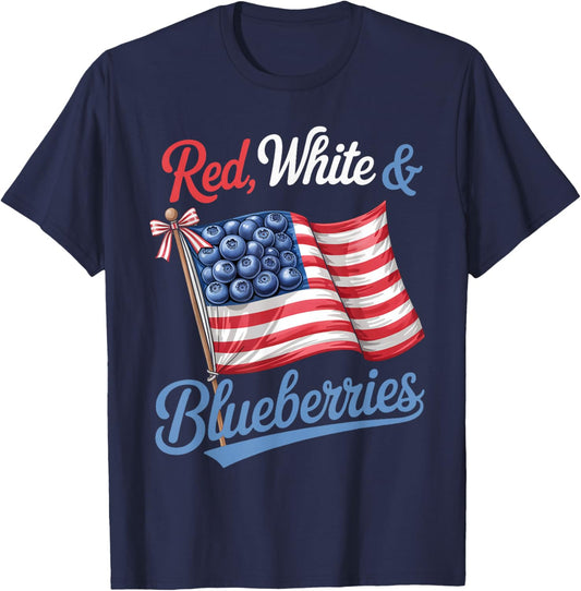 Red White & Blueberries Coquette Flag Bow T-Shirt - T-Shirt | Navy