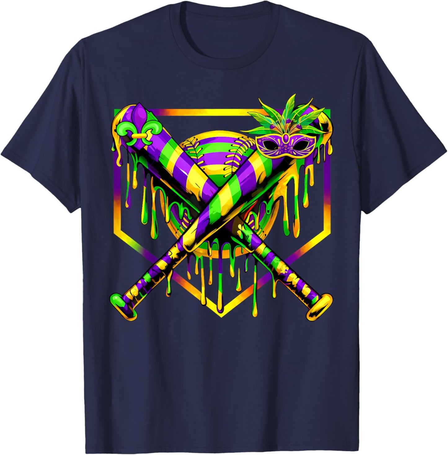 Baseball Mardi Gras Carnival Party Mask Ice Cream Drip Boys T-Shirt - T-Shirt | Navy