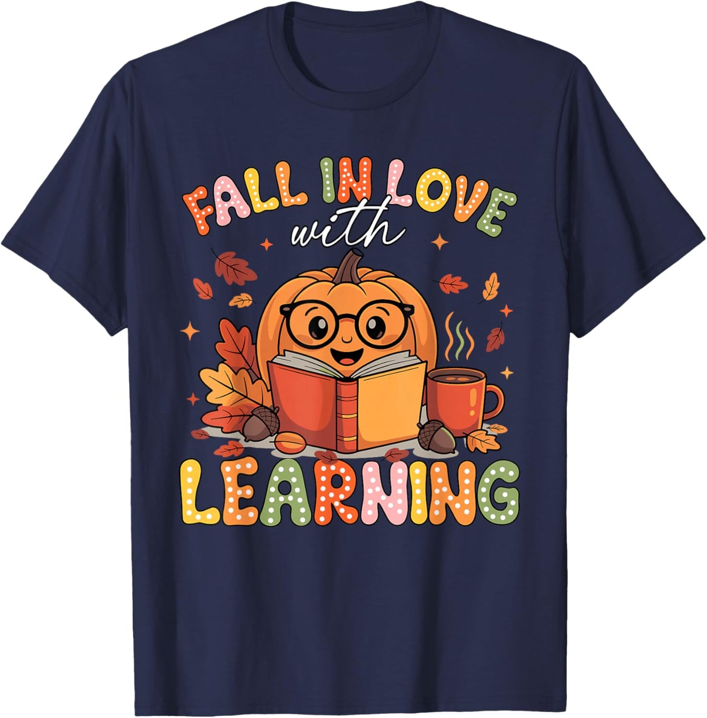 Retro Fall in Love with Learning Pumpkin Teacher Autumn T-Shirt - T-Shirt | Navy