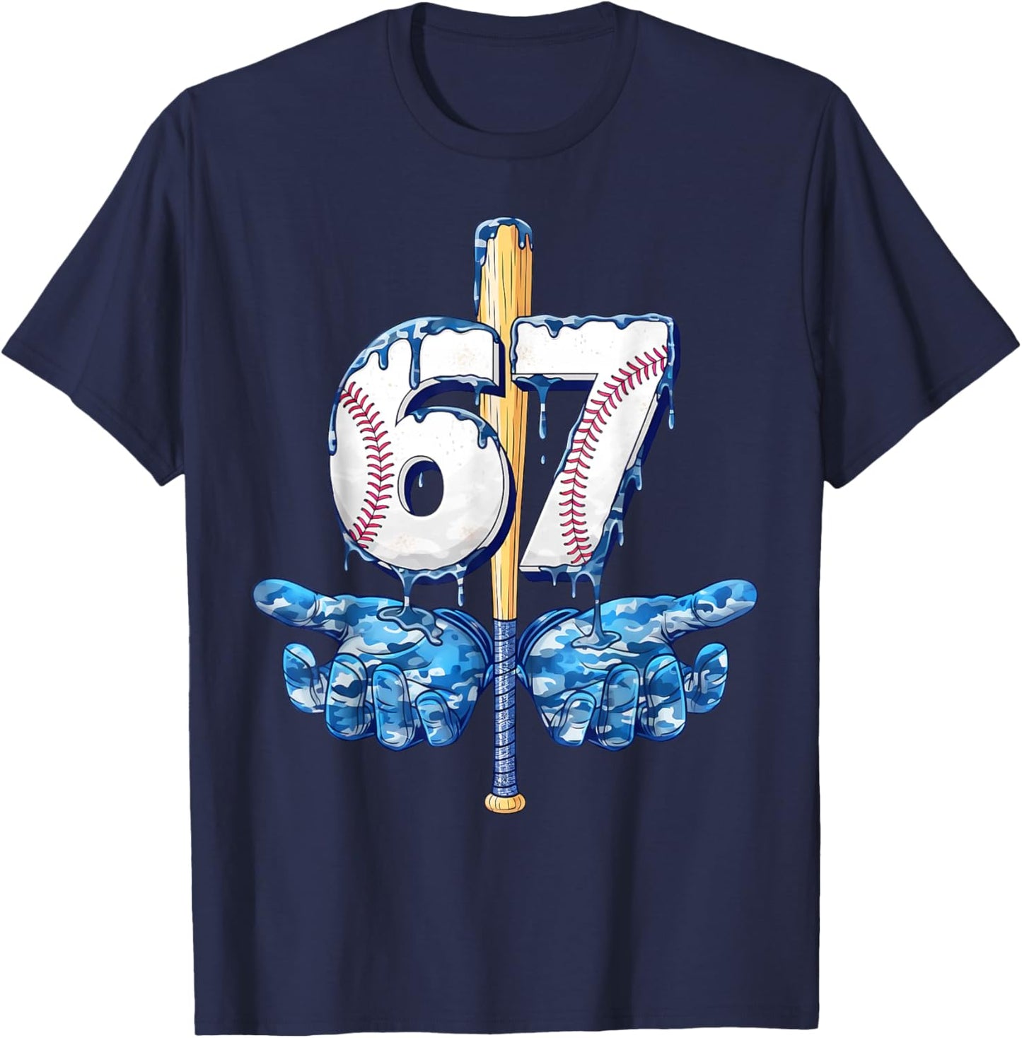 Blue Camo Baseball 67 Six Seven Camo Ice Cream Drip Boy Teen T-Shirt - T-Shirt | Navy