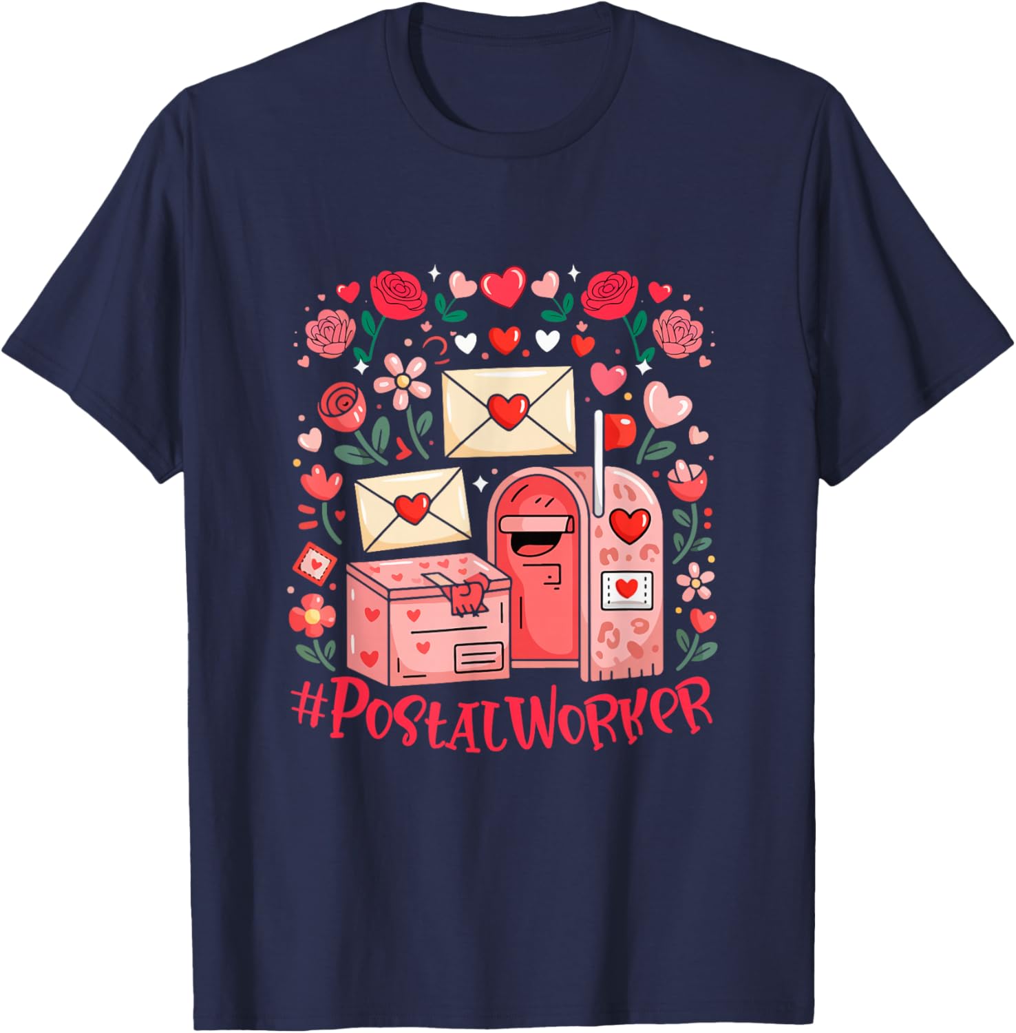 Postal Job Tools Valentine Hearts Floral Flowers Lover T-Shirt - T-Shirt | Navy