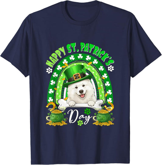 Happy St. Patrick's Day Samoyed Rainbow Shamrocks Owner T-Shirt - T-Shirt | Navy