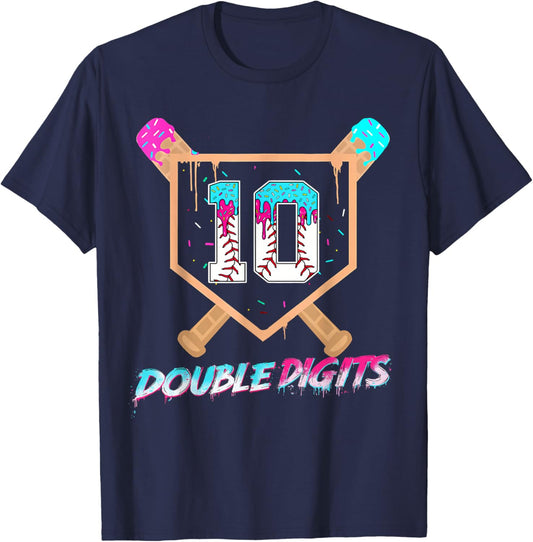 Baseball Drip 10th Birthday Boy Double Digits Ice Cream Drip T-Shirt - T-Shirt | Navy