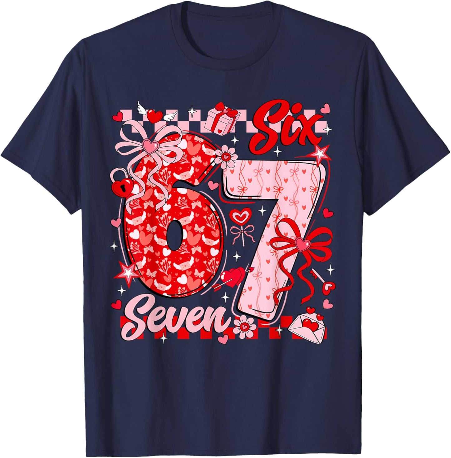 Funny Meme Six Seven Valentine Day 6 7 Heart Men Women Kids T-Shirt - T-Shirt | Navy