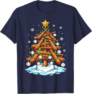 Christmas Baseball Tree Lights Xmas T-Shirt - T-Shirt | Navy