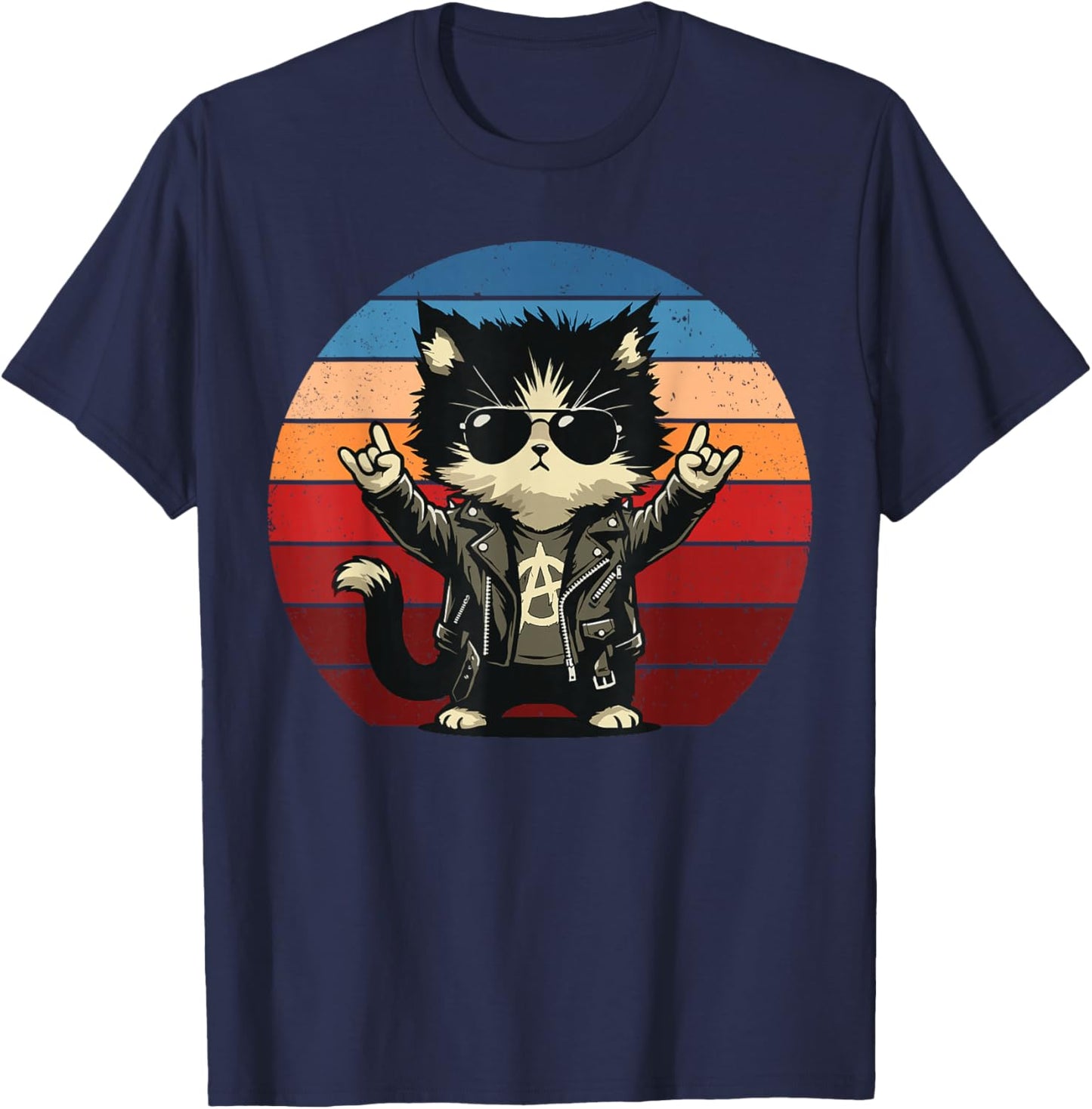 Retro Cat Rock Music Men Kids Women Funny Cat T-Shirt - T-Shirt | Navy