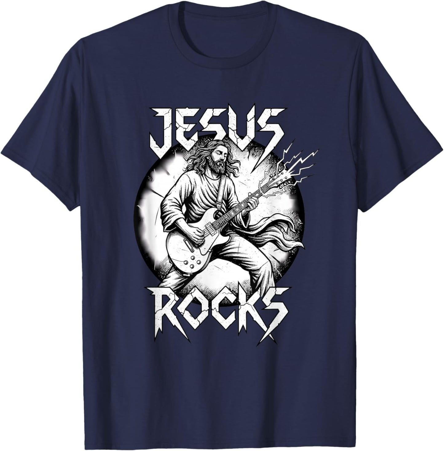Funny Christian Guitarist Jesus Rocks T-Shirt - T-Shirt | Navy