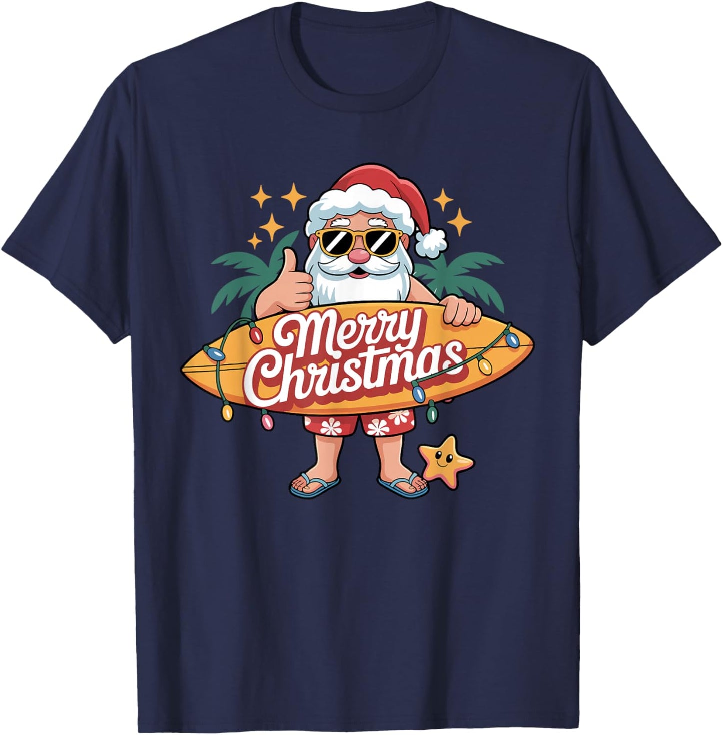 Santa Surfing Hawaiian Beach Christmas in July Tropical Xmas T-Shirt - T-Shirt | Navy