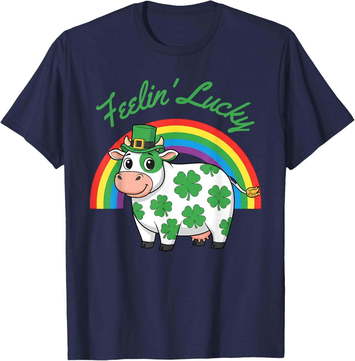 Feelin Lucky St Patricks Day Cow Funny Irish Shamrock Cow T-Shirt - T-Shirt | Navy