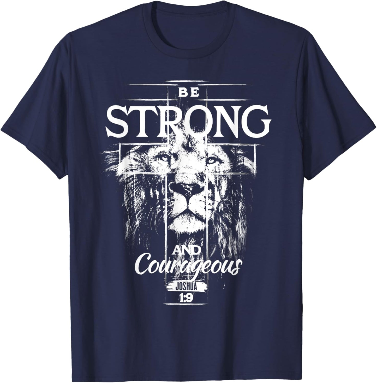Christian Lion Be Strong and Courageous Faith Cross Men T-Shirt - T-Shirt | Navy