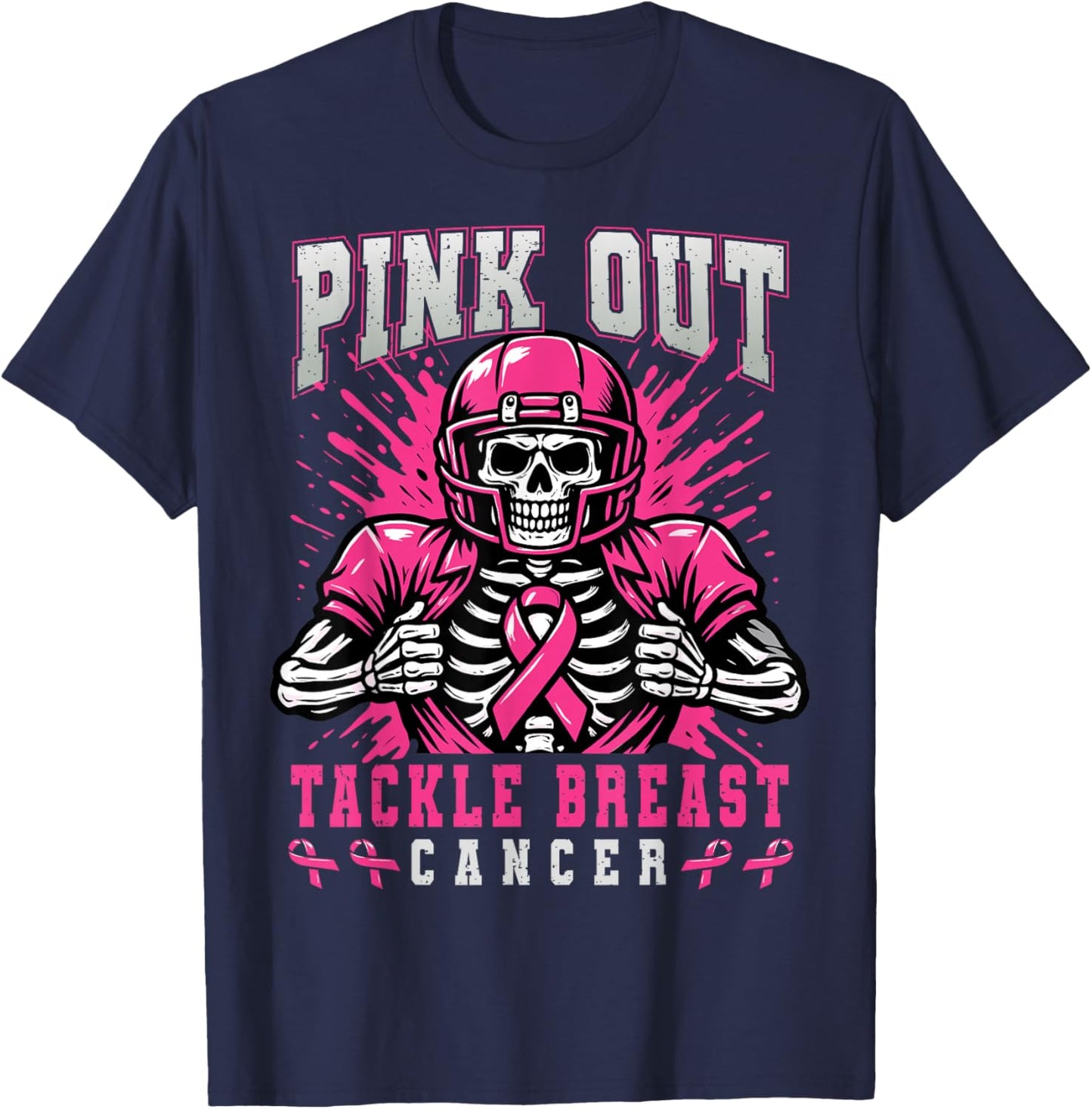 Pink Out Tackle Breast Cancer Football Skeleton Halloween T-Shirt - T-Shirt | Navy