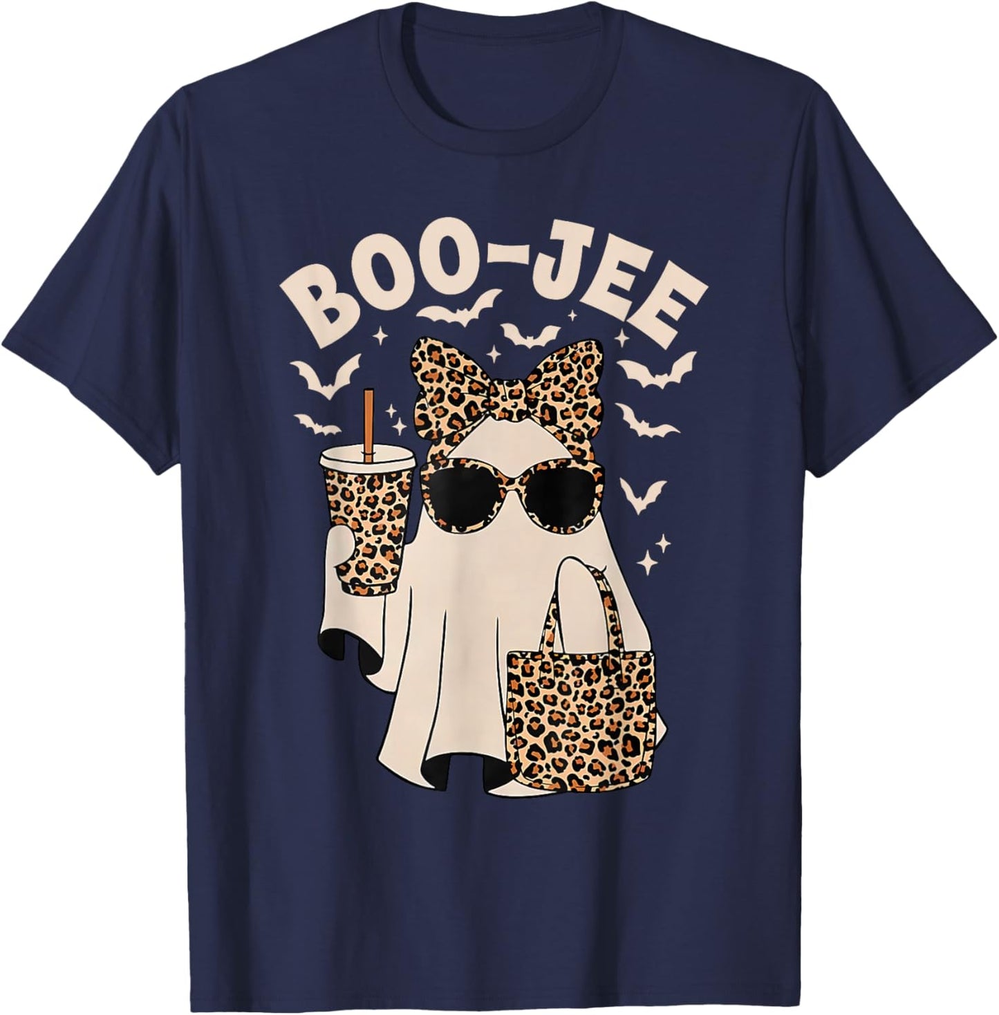 Boo JEE Boujee Leopard Ghost Halloween October Vibes T-Shirt - T-Shirt | Navy